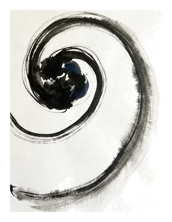 Black ink brush strokes form a dynamic spiral shape with some blue ink in the center on a white background.