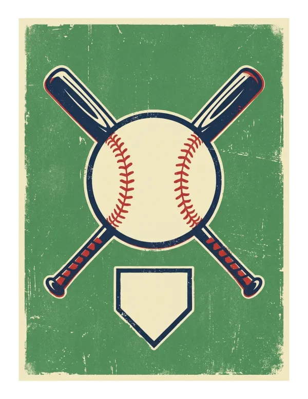 A vintage-style graphic of a baseball crossed with two bats, above home plate.