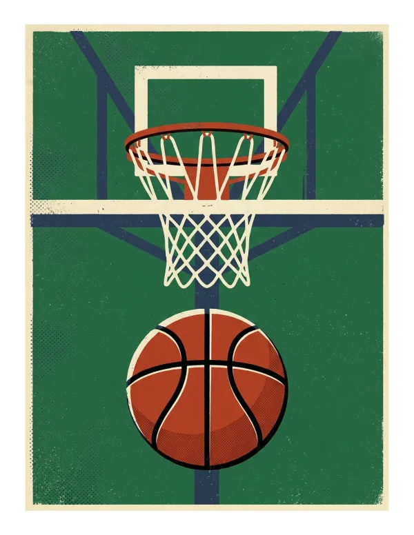A basketball is shown in front of a basketball hoop and net on a green court.
