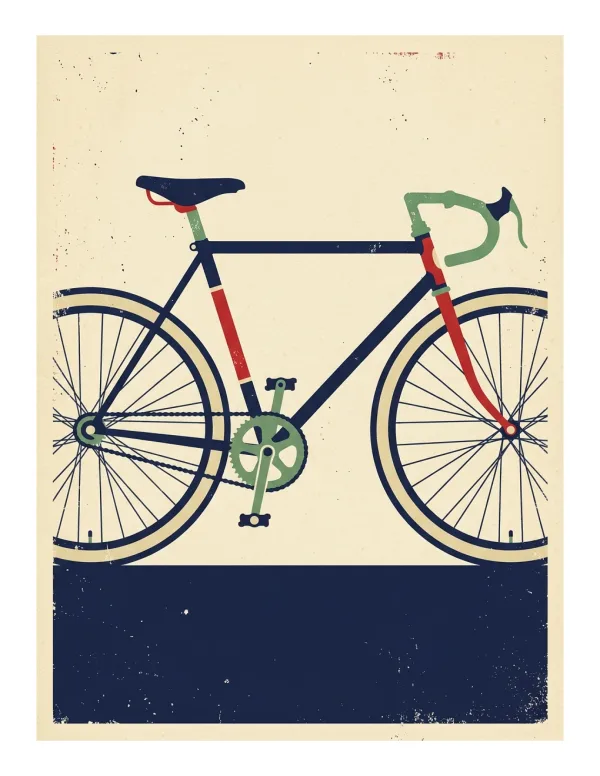 A bicycle seen from the side, with a dark blue frame and red and green accents.