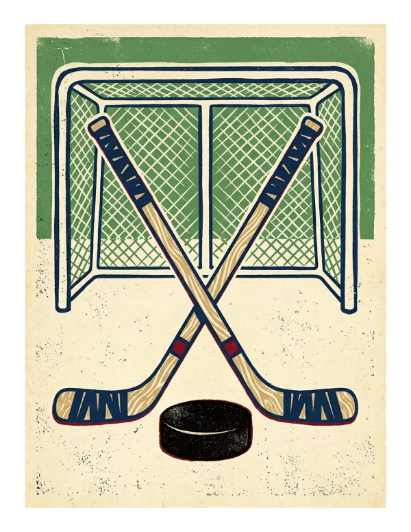 A hockey puck rests in front of crossed hockey sticks and a net.