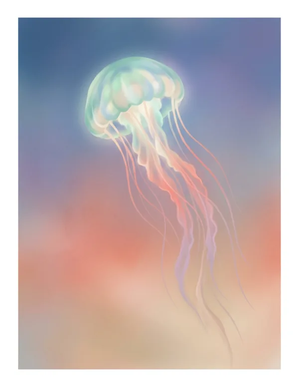 A translucent jellyfish with long, flowing tentacles drifts gently in a soft blue and pink gradient background.