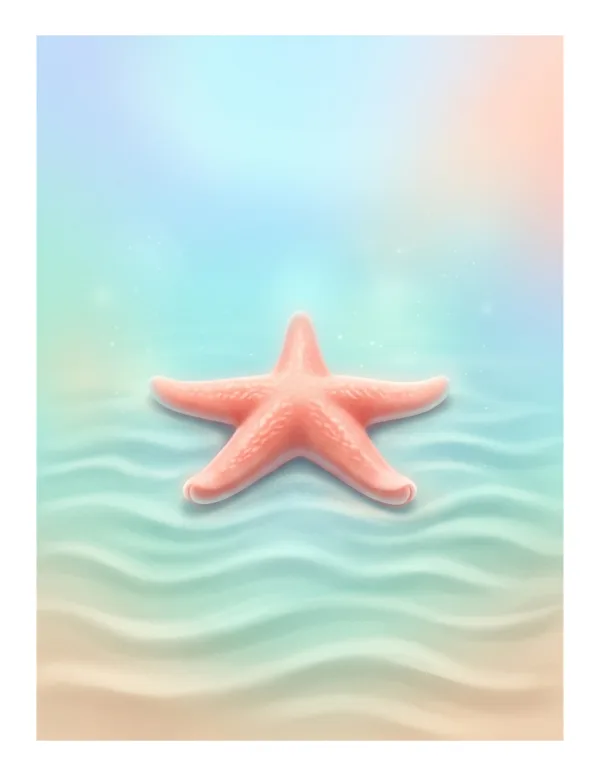 A soft pink starfish rests on a sandy seabed with gentle blue waves.