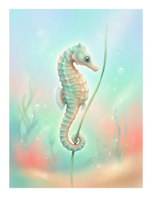 A gentle seahorse with teal and peach coloring holds onto a long piece of green seagrass underwater.