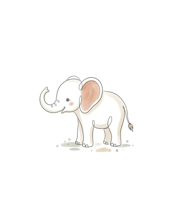 Line drawing of a baby elephant with soft watercolor accents on its ears and cheeks.