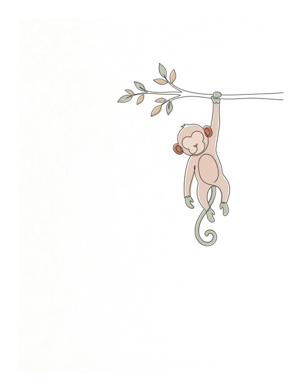 A pinkish baby monkey with a curly tail hangs from a branch with green and peach leaves.