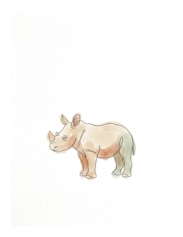 A line drawing of a baby rhinoceros with soft watercolor washes of tan and green.