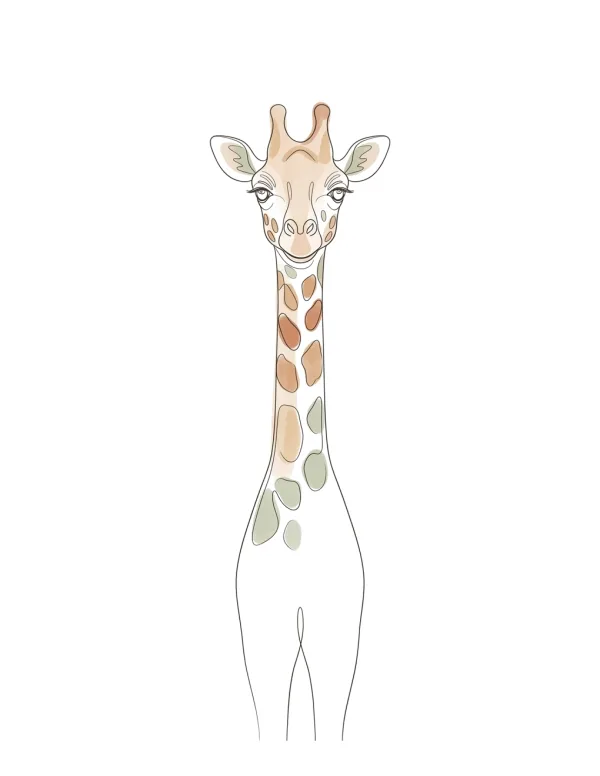 A delicate line drawing of a giraffe calf with watercolor spots on its neck and face.