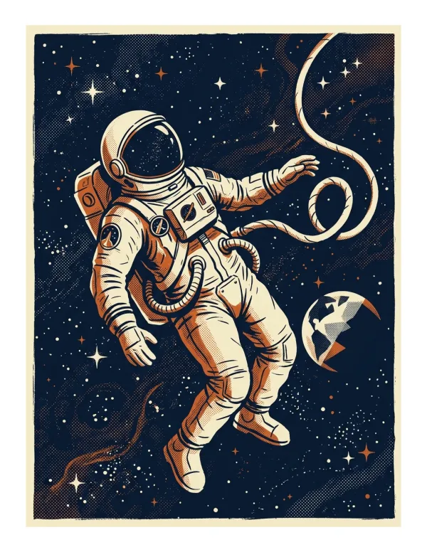 An astronaut in a white spacesuit floats in dark space with stars and a small planet.