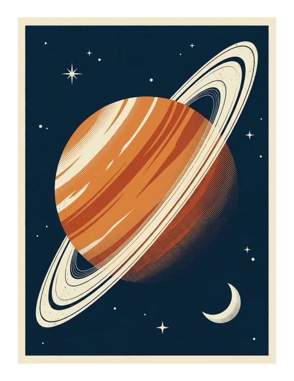A retro-style illustration of a ringed planet with orange stripes against a dark blue starry sky, with a crescent moon.