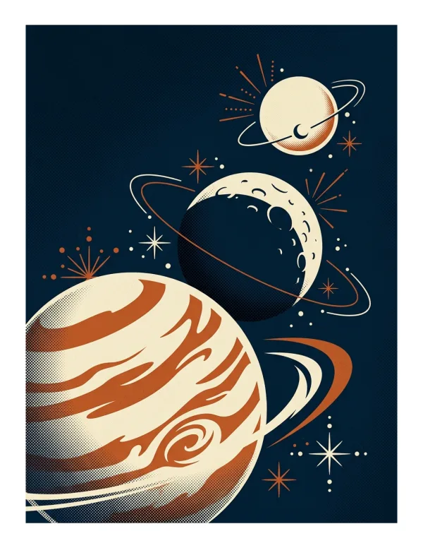 Three stylized planets with rings and stars against a dark blue background.