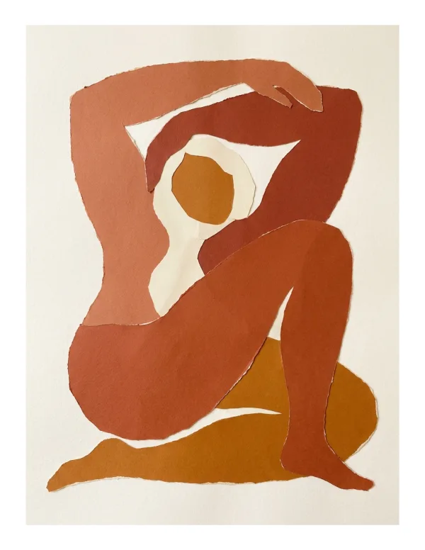 Paper cutout art of a reclining figure in warm terracotta and cream colors.