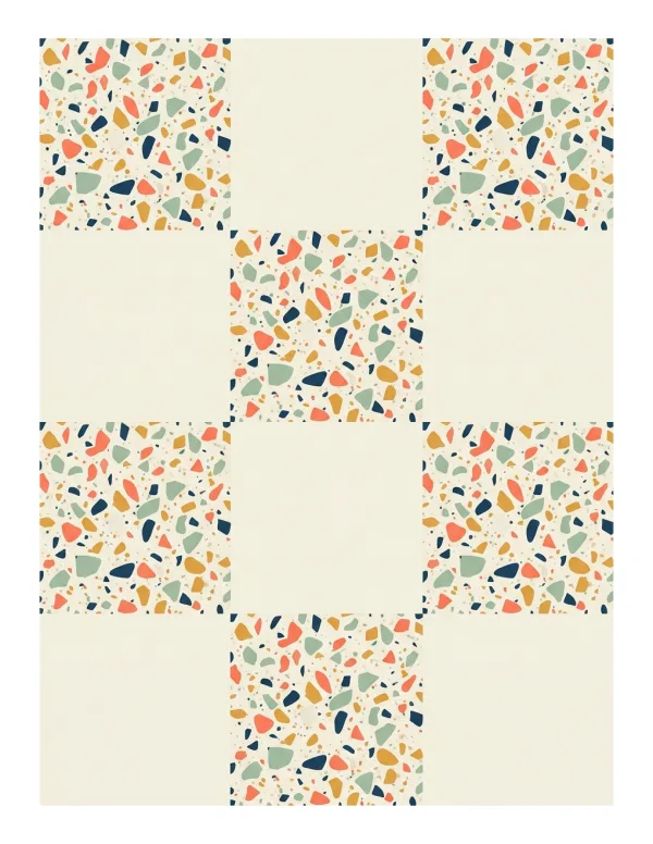 Checkerboard pattern with squares of cream and colorful terrazzo chips in blue, coral, yellow, and green.
