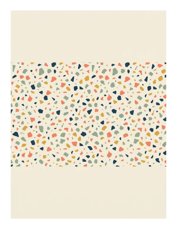 Horizontal wall art with a beige background and a band of colorful terrazzo speckles in the center.