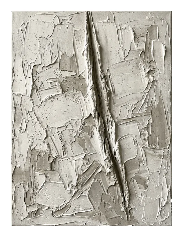 Abstract art with thick, impasto strokes of monochrome plaster creating a rough, textured surface with a deep vertical crevice.