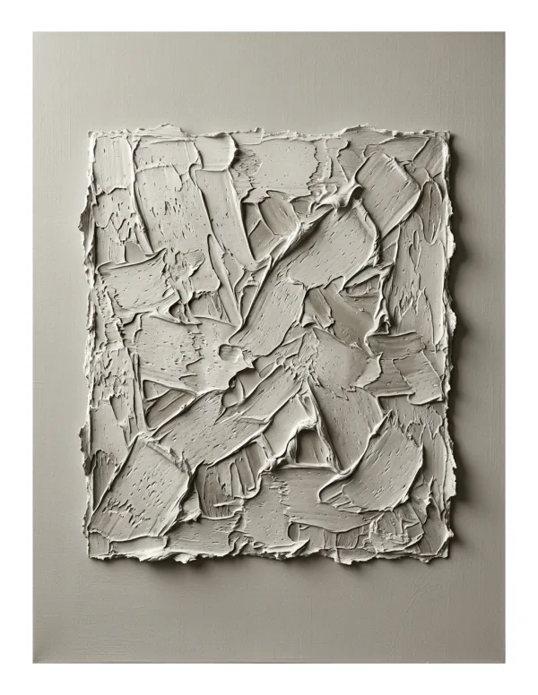A square relief painting made with thick, textured plaster in shades of white and grey.