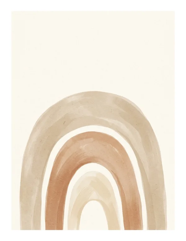 Abstract watercolor painting of stacked arches in warm neutral tones of beige and terracotta.