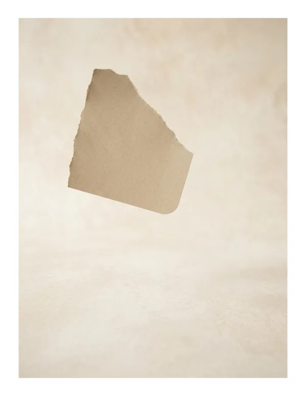 A torn brown paper rectangle floats on a textured beige background.