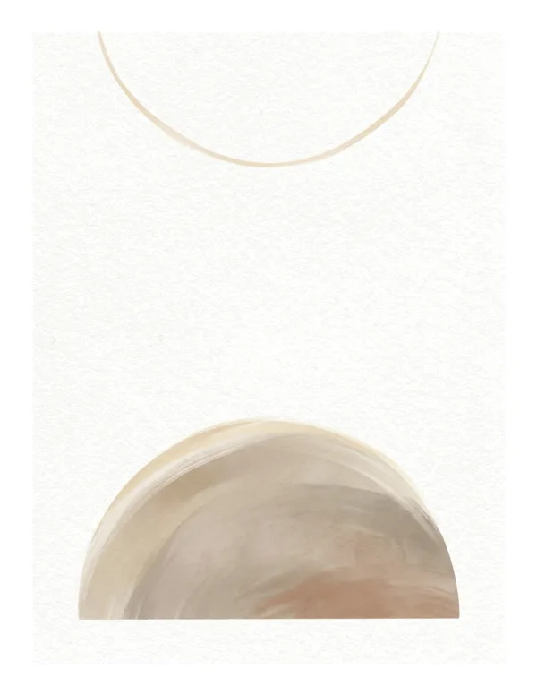 Abstract shapes in warm neutral tones with a thin arc above on a textured off-white background.