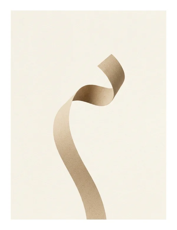 A single flowing ribbon in warm neutral tones curves upwards against a plain background.
