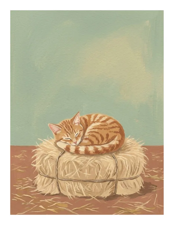 A ginger tabby cat is curled up asleep on a small bale of hay.