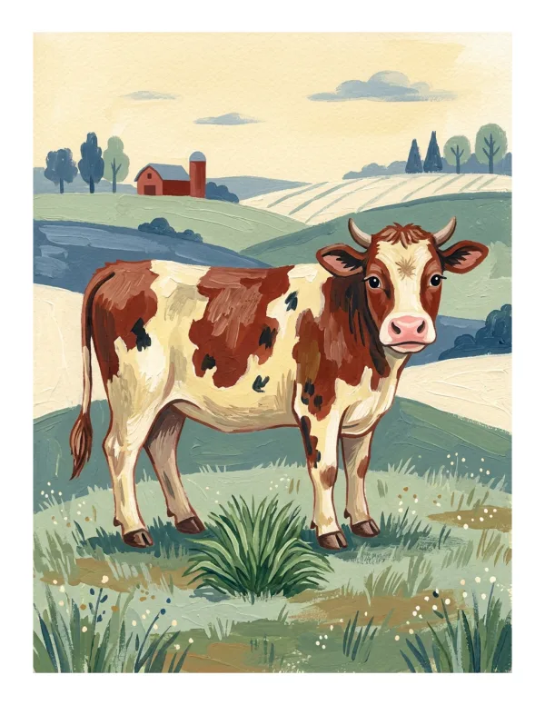 Brown and white cow standing in a grassy field with a farm and rolling hills in the background.