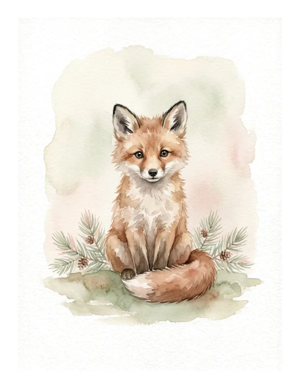 Watercolor painting of a cute baby fox sitting upright with pine branches behind it.
