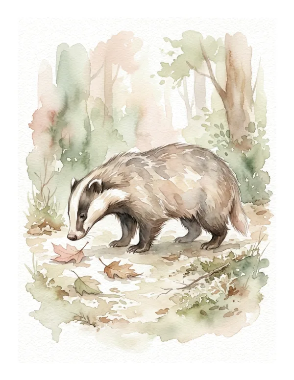 A watercolor painting of a badger with black and white stripes on its face walking through fallen leaves in a forest.