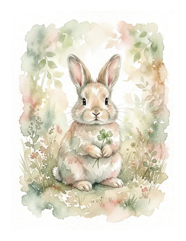 Watercolor painting of a fluffy bunny sitting in a meadow holding a four-leaf clover sprig.