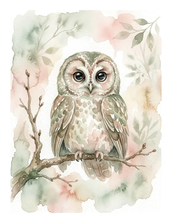 A watercolor painting of a cute, fluffy owl perched on a thin branch with soft, muted background colors.