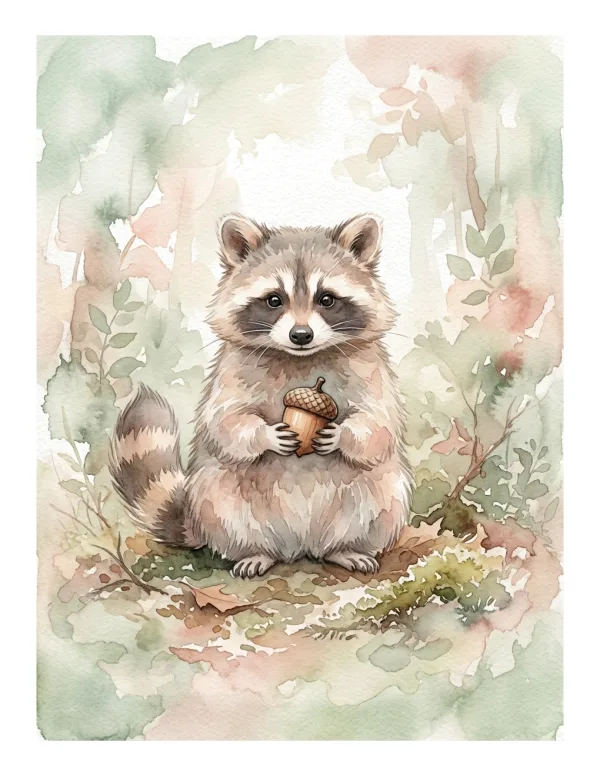 A fluffy watercolor raccoon sits in the woods holding a large acorn in its paws.