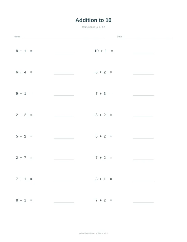 Addition to 10 math worksheet with space for name and date, featuring simple addition problems.