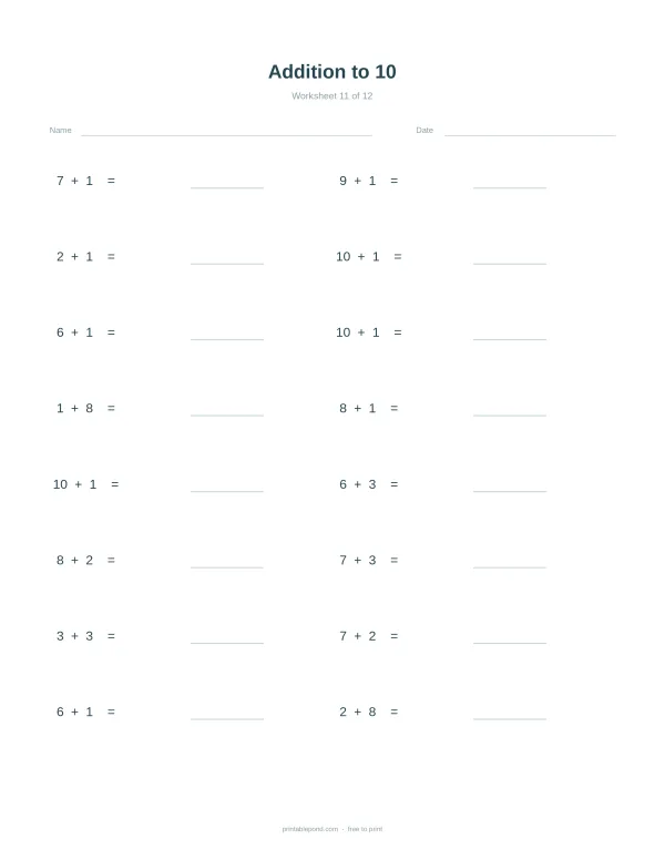 A math worksheet with addition problems up to 10, with spaces for answers.