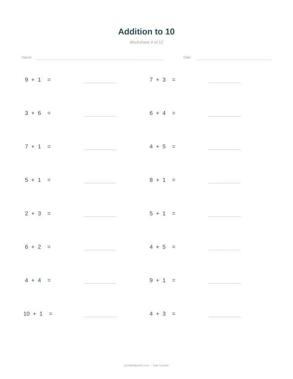 A math worksheet with addition problems up to ten, with lines for answers.