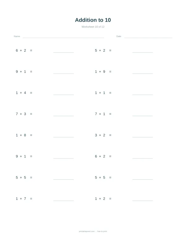 Addition problems to 10 with blank lines for answers, for kids learning math.