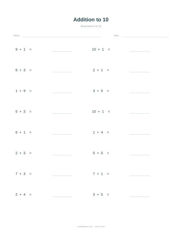 A math worksheet with addition problems up to 10, with spaces for answers.