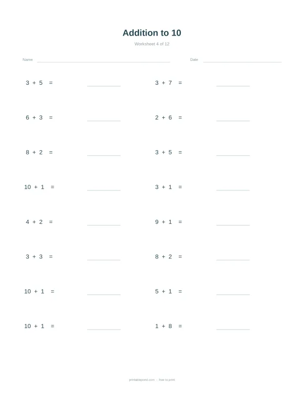 A math worksheet with addition problems up to 10 and blank spaces for answers.