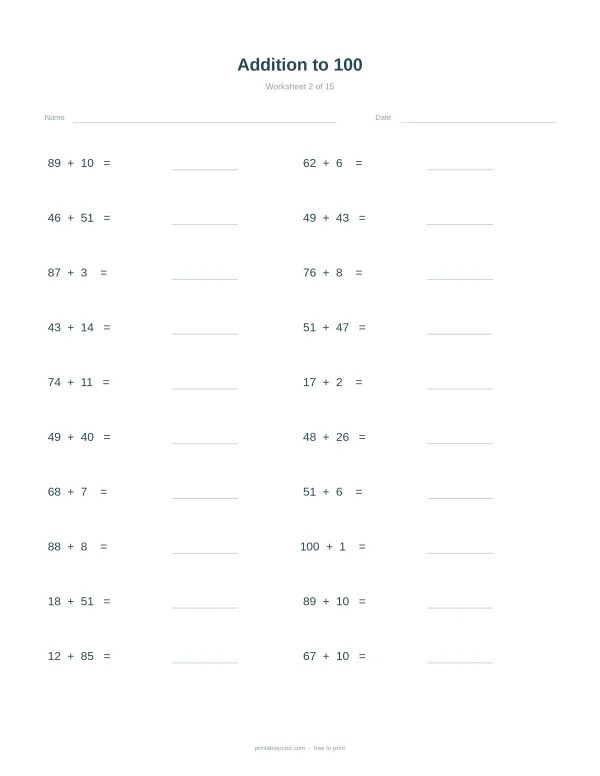 A math worksheet with addition problems up to 100, with space to write answers.