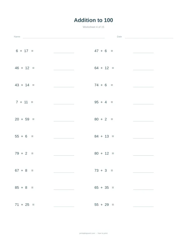 A math worksheet with addition problems up to 100, labeled 'Addition to 100 Worksheet 4 of 15'.