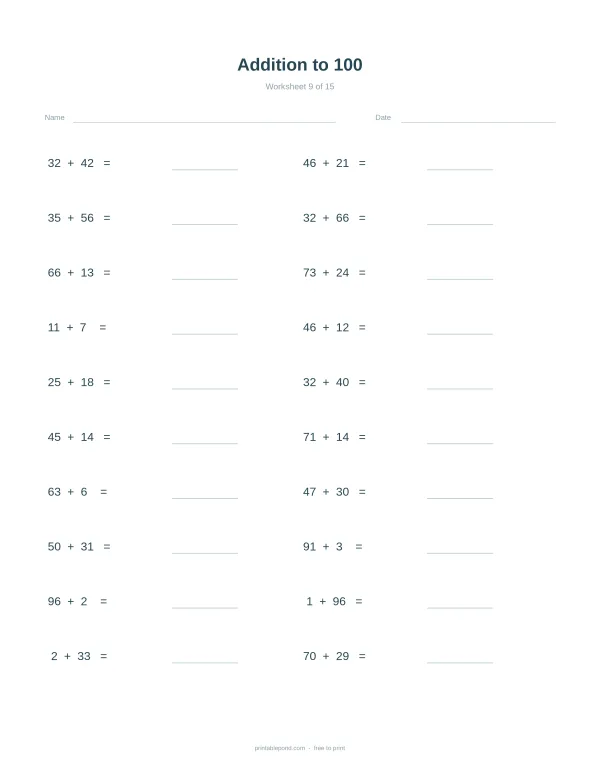 A math worksheet with columns of addition problems to 100, each with a blank line for the answer.