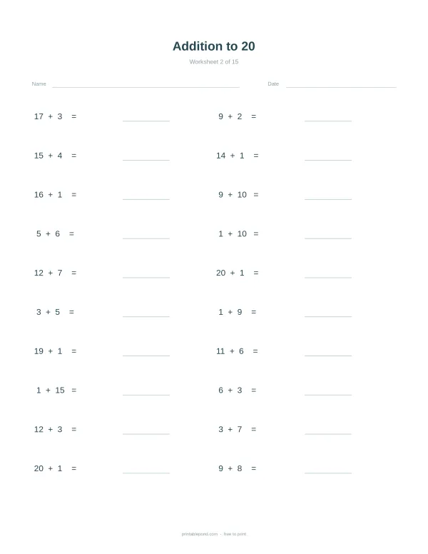 A math worksheet with addition problems up to 20, spaces for answers, name, and date.