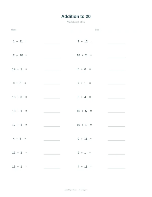 A math worksheet with addition problems up to 20, with space for answers.
