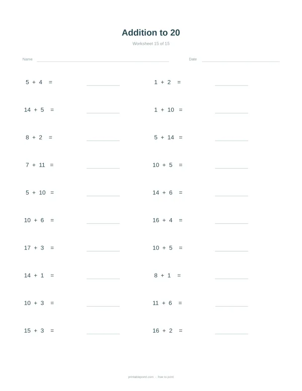 A math worksheet with addition problems up to 20, lines for answers, name and date fields.