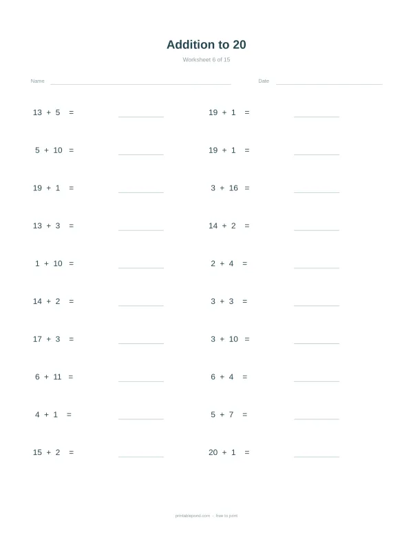 A math worksheet with addition problems up to 20, with space for answers.