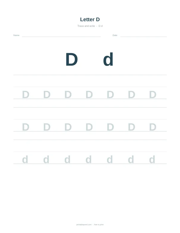 Tracing lines for uppercase and lowercase letter D on a white worksheet with name and date fields.