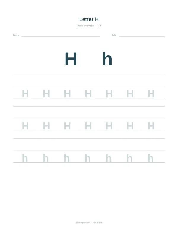 Uppercase and lowercase letter H shown with dotted lines for tracing practice.