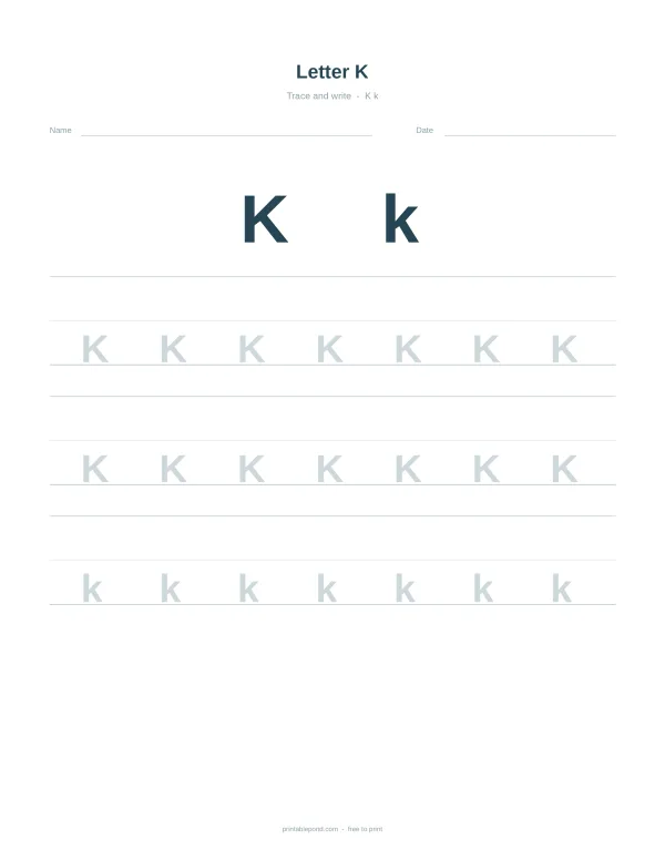 Uppercase and lowercase letter K tracing lines for practice, with name and date fields.