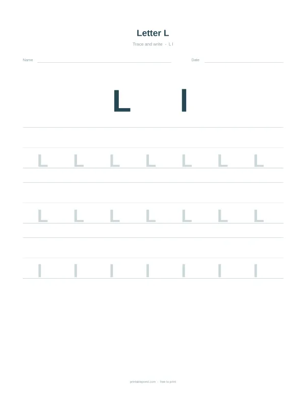 Uppercase and lowercase letter L examples for tracing practice on lined paper.