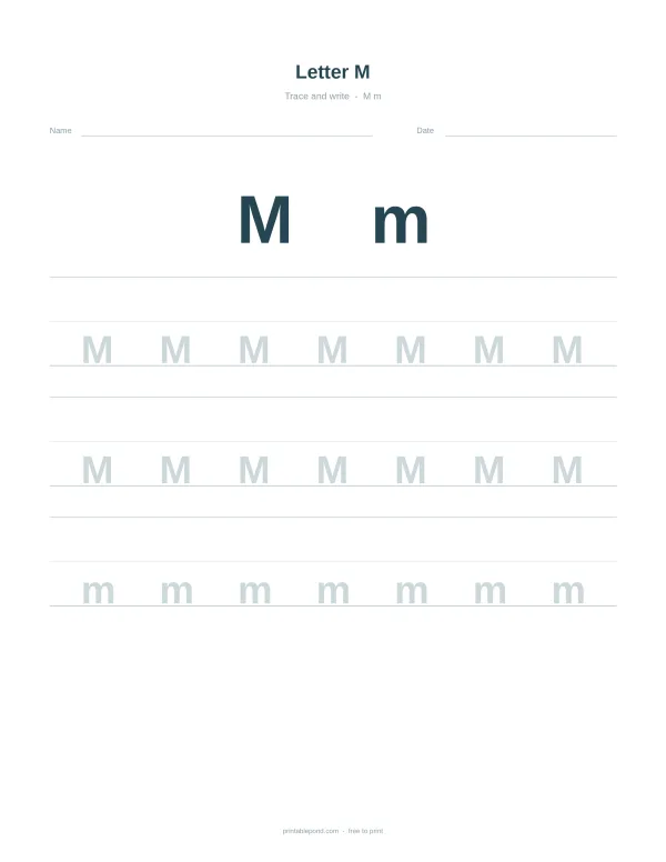 Worksheet with uppercase M and lowercase m at the top, followed by rows of letters to trace.