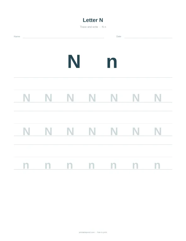 A worksheet for tracing the capital and lowercase letter N with lines for practice.